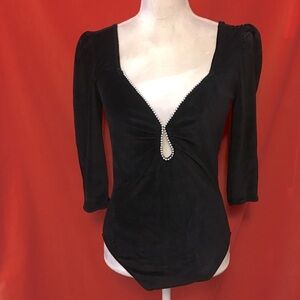 NWT Lily of France vtg 80s black velvet body suit faux pearl trim l fits s m